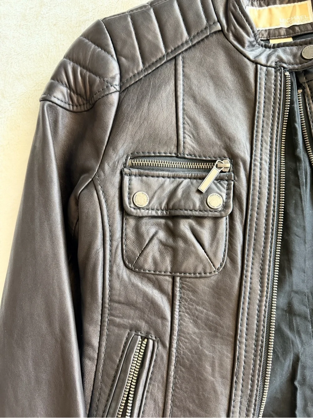 NWT Michael Kors Leather Moto Jacket Black Size Small Quilted Shoulder Buckle